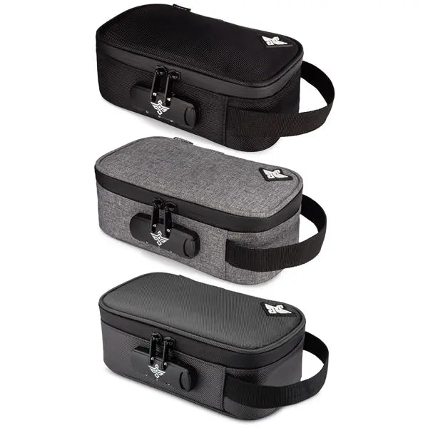 Three Erozul Genesis v2 Medium Smell Proof Cases with handles, shown in black, gray, and dark gray, are stacked vertically. Each case by Erozul is water resistant and features a combination lock for added protection.